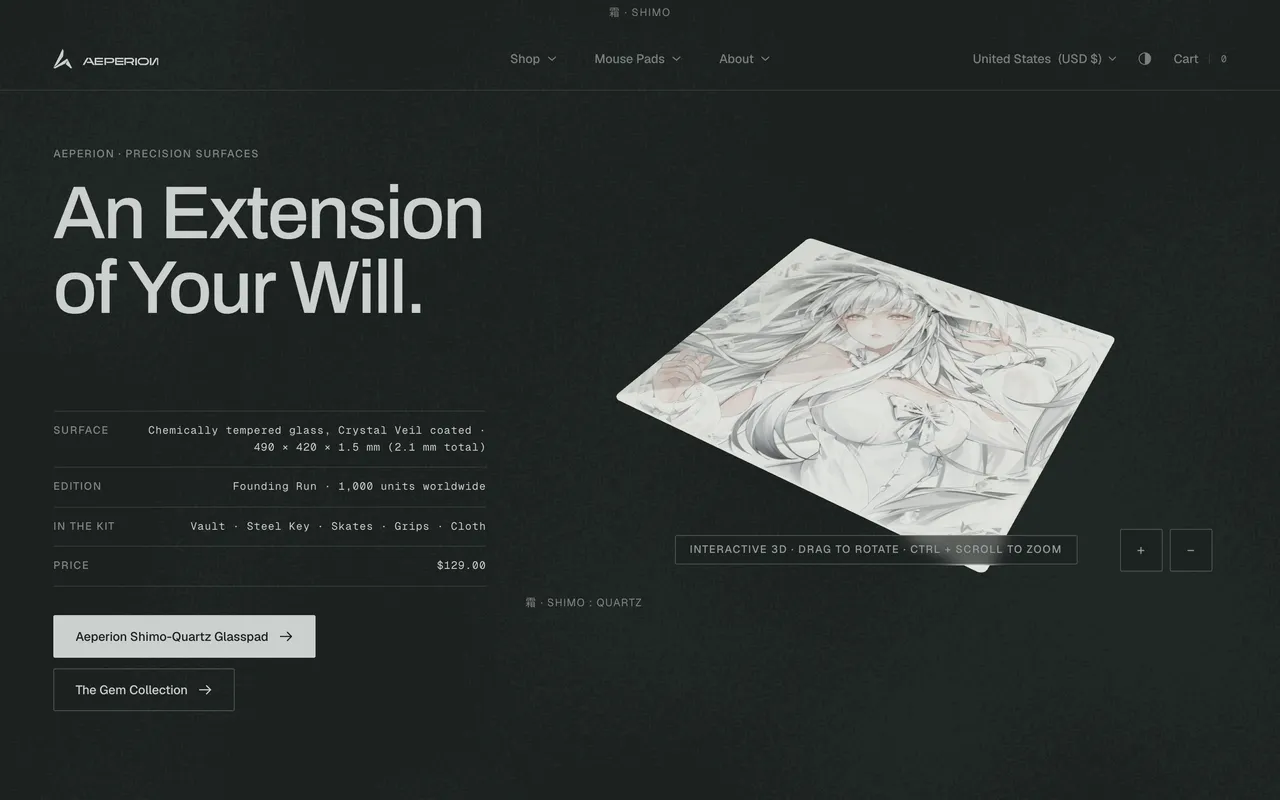 The redesigned Aeperion storefront homepage