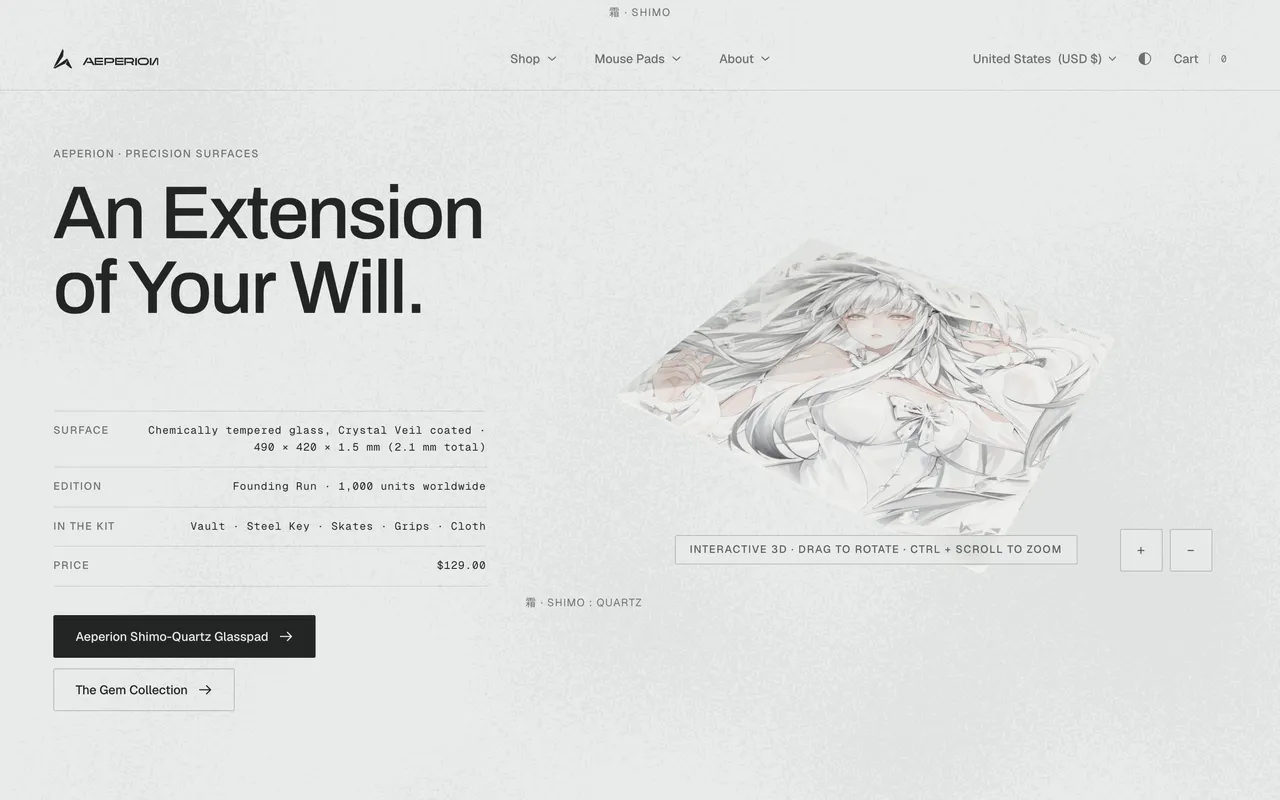 The redesigned Aeperion storefront homepage