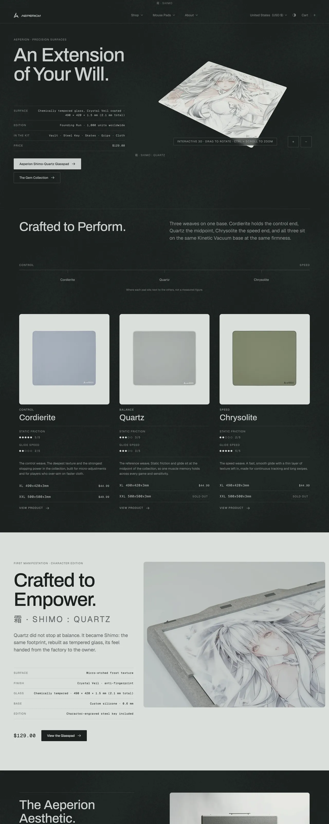 The redesigned Aeperion storefront homepage, from the hero down through the pad range