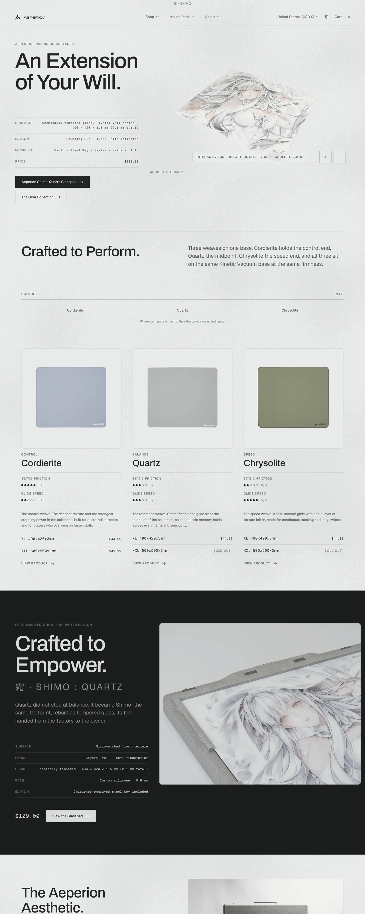 The redesigned Aeperion storefront homepage, from the hero down through the pad range