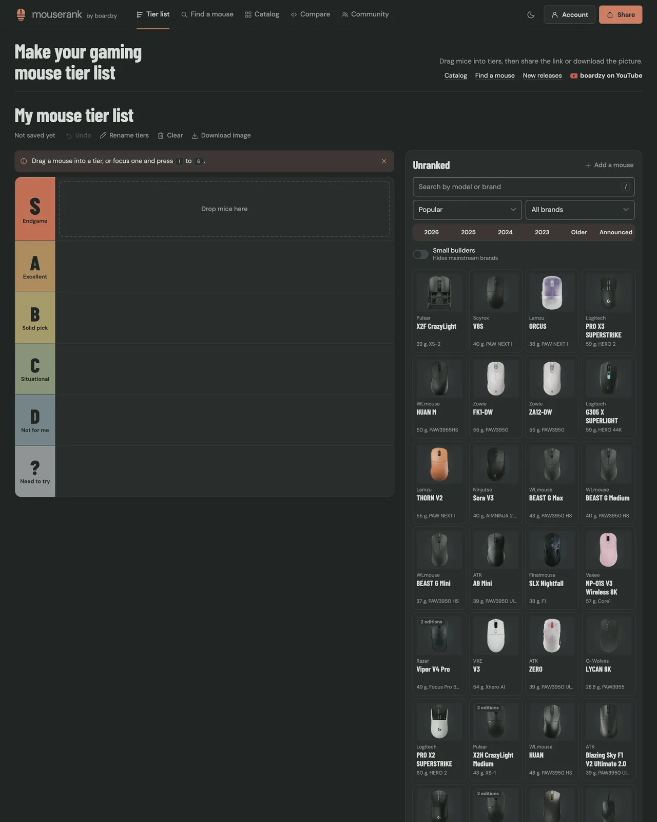 The MouseRank tier list builder with the unranked pool of mice