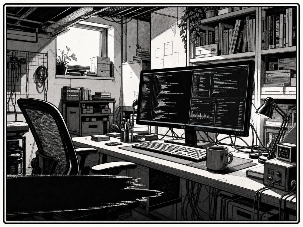Black-and-white manga illustration of a developer workspace